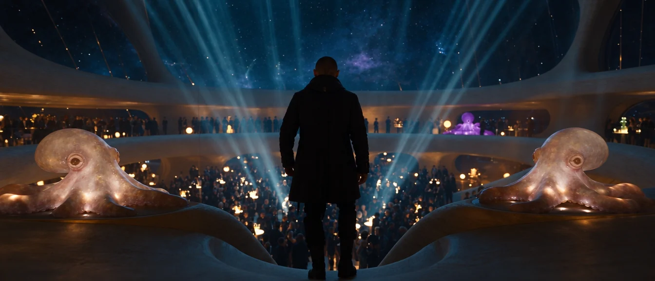 PROVIDENCE — film still: a figure overlooking a crowded hall