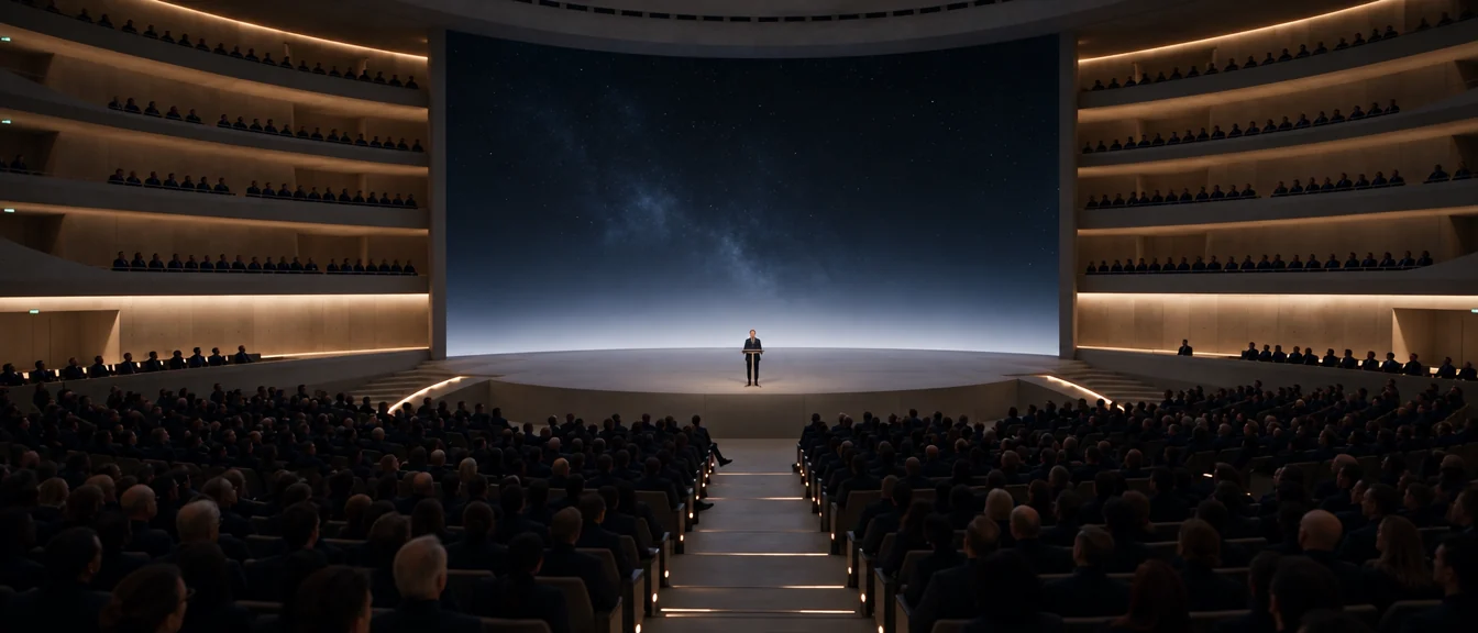 PROVIDENCE — film still: a speaker addresses a full auditorium